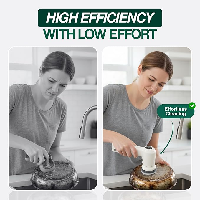 Electric Spin Scrubber – Handheld &amp Ergonomic IPX7 Waterproof 4 Multi-Purpose Brush Heads Long-Lasting Rechargeable Battery – Cleans Dishes Bathroom Tile Grout &amp Kitchen (White)