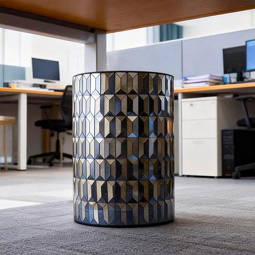 Escenzy Modern Bathroom Trash Can Mosaic Glass 5L | Decorative Small Garbage Can | 8 x 10 | Luxury Waste Basket for Restroom Office Bedroom &amp Kitchen | Shiny Black and Gold Bathroom Accessorie