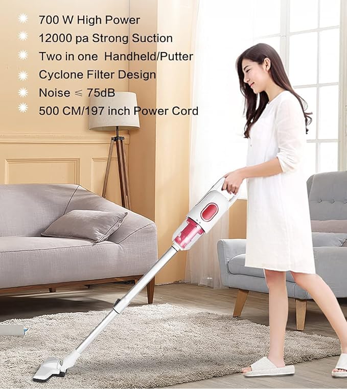 Quiet Stick Vacuum Cleaner Light Weight 12000 pa Powerful Suction Handheld Corded Upright Vacuum Cleaner with HEPA Filter 700W Hi Power Motor Stick Vacuum for Pet Hair Hardwood Floors