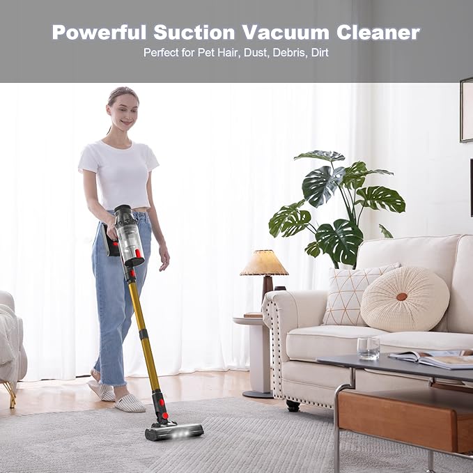 Cordless Vacuum Cleaner Vacuum Cleaners for Home 50KPA 500W Stick Handheld Pet Hair Hardwood Floor Vac High Power Hand Held Rechargeable Battery Portable Household Lightweight Vac C11 Gold
