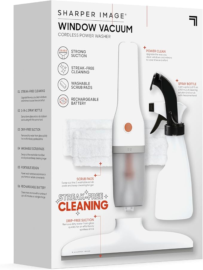 Sharper Image® 2-in-1 Window Vacuum Cleaner Kit – Cordless Squeegee Spray Bottle 11 Blade 2 Washable Microfiber Pads| Cleaning Supplies Tool Set| Glass Mirrors Shower Windows Car Windshield
