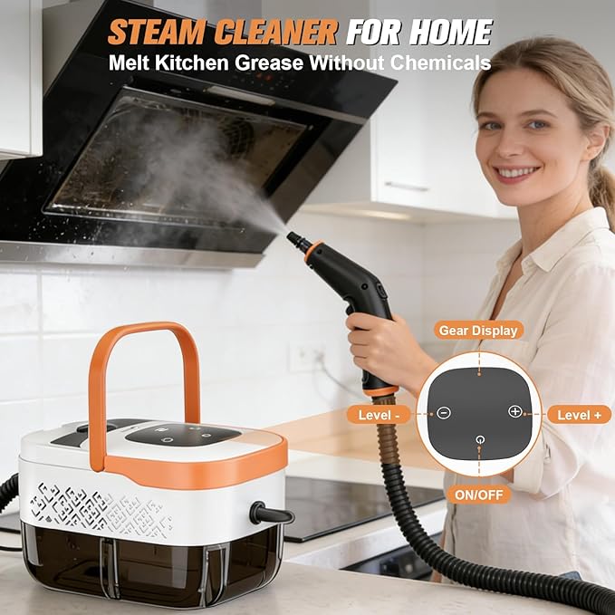 Steam Cleaner2500W Portable Handheld Steamer- 6-Level Adjustable Steamer with 15S Heat-Up Large Water Tank &amp 17-Piece Accessory Kit - Deep Clean Grease Grout Tile Floors
