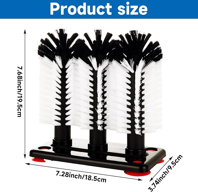STARVAST 2Pcs Water Bottle Cleaning Brush with Suction Base Black 3 Head Bristle Bar Glass Washer Cup Washer Brush Cleaner for Bar Beer Cup Wine Glass(7.3 x 3.7 x 7.6) Inch