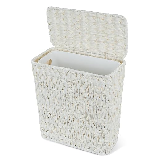 Wicker Trash Can with Lid and LinerBoho Decotative Small Bathroom Trash CansWaterproof Slim Waste Basket for BedroomHome Office3 Gallon Cream White