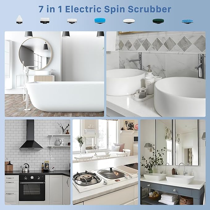 Electric Spin Scrubber Hillyfe Bathroom Scrubber Electric with 7 Replaceable Brush Heads IPX7 Waterproof300/400 RPM 3 Adjustable LengthScrubber Brush Electric for Bathtub FloorWhite
