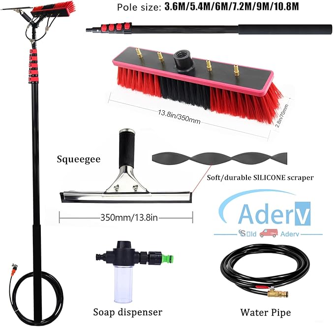 Washing Kit: Water-fed BrushSqueegee and Soap Dispenser 3.6-10.8 M Extendable Window Cleaning Pole Water Fed Telescopic Brush Window Cleaner Equipment (35cm Brush10.8M)
