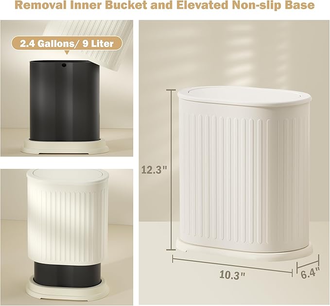 Steel Small Bathroom Trash Can with Lid Press Top 9L/2.4 Gallon Dog Proof Wastebasket with Removable Liner BucketSlim Bathroom Garbage Can Bin Under Desk/Sink BedroomLiving RoomOfficeDiaper