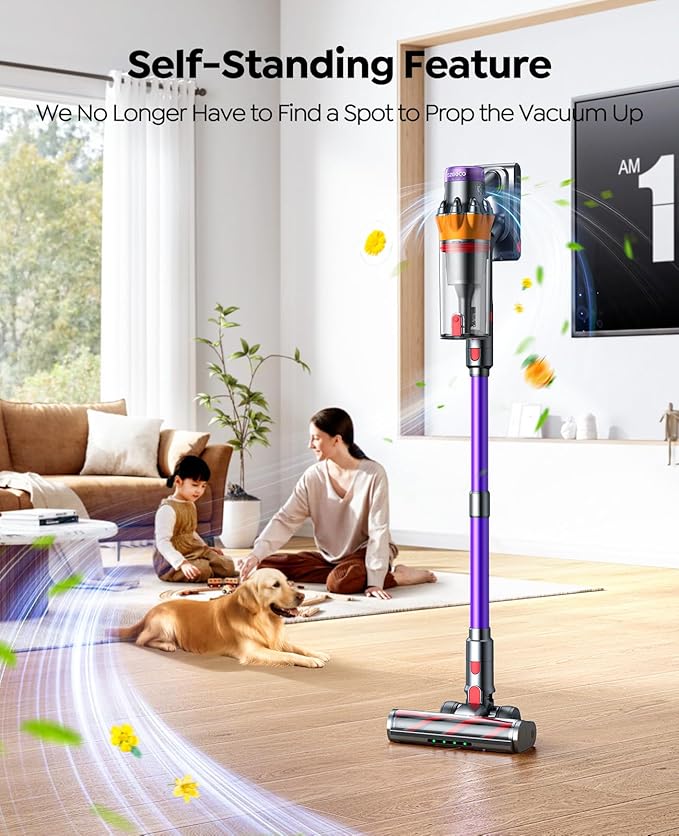 Cordless Vacuum Cleaner 600W/50KPA/65Mins(ECO Mode) Vacuum Cleaners for Home Self-Standing Stick Vacuum with Wall Mount Charging and Auto Mode Handheld Vacuum for Pet Hair/Carpet/Floor