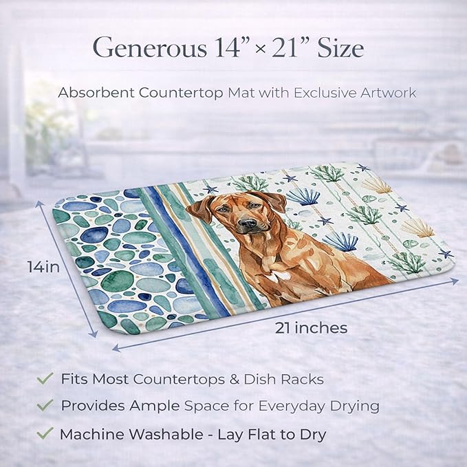 Caroline's Treasures Rhodesian Ridgeback Coastal Sea Glass Dish Drying Mat Absorbent Dish Drying Mat Pad for Kitchen Counter Dish Drainer Mat for Countertop 14 x 21 Multicolor