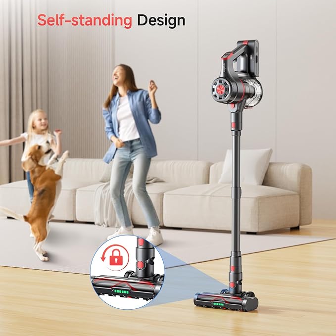 Cordless Vacuum Cleaner 580W 60KPA Dual Motor Stick Vacuum for Home with 70mins Runtime 6 LED Green Headlights Self-Standing Design V-Shaped Floor Brush for Carpet Tile Pet Hair Hardwood Floors