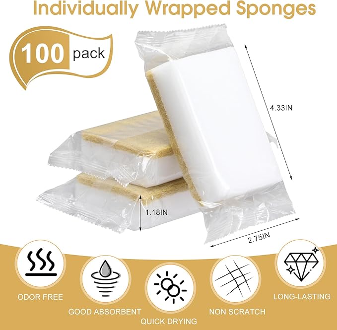 Tioncy 100 Pcs Individually Wrapped Sponges Kitchen Bulk Brown Dish Non Scratch Scrub Sponges Dual Sided Cleaning Dish Scrubber for Washing Dishes Pots Pans Sinks Stoves Appliances Car Bike