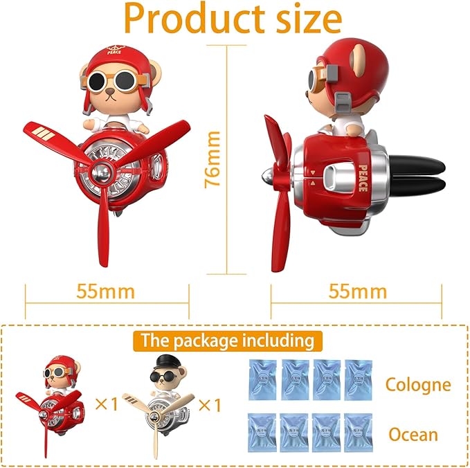 2Pcs Car Air Fresheners Cute Bear Pilot Automotive Air Outlet Creative Car Perfume Diffuser Automotive Accessories Air Vent Decoration with 8 Fragrant Tablets (Red 1+Silver 1)