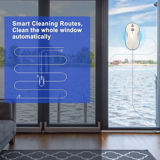 Tosima W3 Window Cleaning Robot - Dual Direction Auto-Spray Smart Window Cleaner with Triple Safety System Smart Navigation Remote Control for All Smooth Surfaces with 12 Rags White
