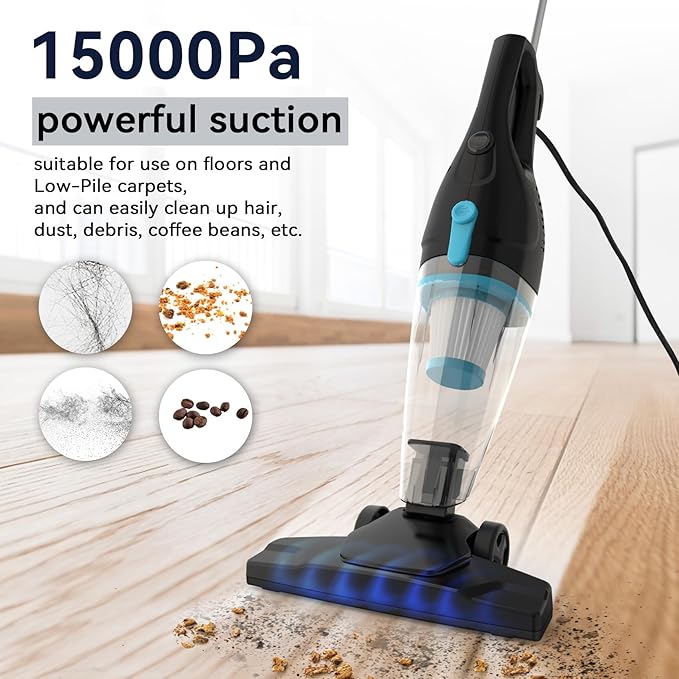 Corded Vacuum Cleaner 4-in-1 Vacuum Cleaners for Home 15Kpa Power Suction Lightweight Corded Stick Vacuum with HEPA Filter Converts to Small Handheld Vacuum for Home Pet Hair Carpet Hard Floors