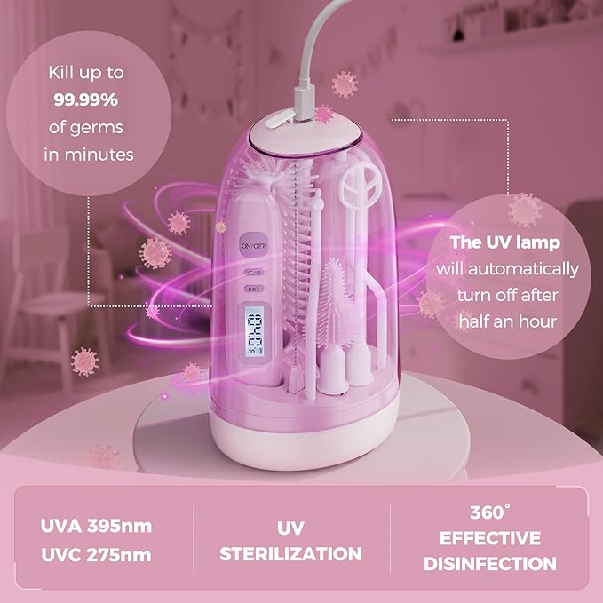 Electric Bottle Brush CleanerRechargable Electric Baby Bottle Brush Cleaner with ThermometerSilicone Bottle/Nipple/Straw BrushDrying RackTravel Bottle Cleaner Kit for New Moms (Pink)