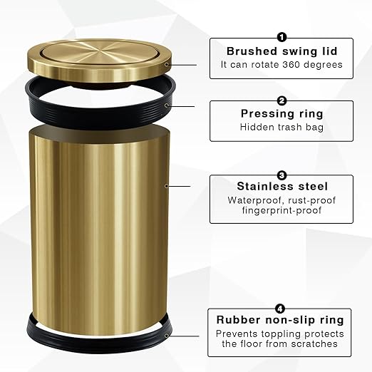 Maxdot 4 Pcs 2.4 Gallon/9 L Gold Bathroom Trash Can with Flip Lid and Toilet Brush Set Small Luxury Stainless Steel Garbage Trash Can Wastebasket Bin for Home Office Hotel Bathroom Bedroom Kitchen
