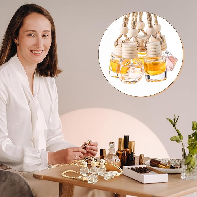Zubebe 500 Pcs Hanging Car Diffuser Bottles Bulk 5 Styles Empty Glass Refillable Air Freshener Bottles with Wooden Cap for Perfume Essential Oils Fragrance Aromatherapy Ornament 8ml 10ml
