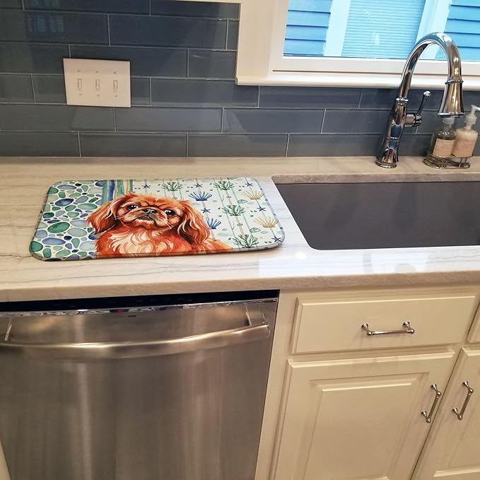 Caroline's Treasures Red Pekingese Coastal Sea Glass Dish Drying Mat Absorbent Dish Drying Mat Pad for Kitchen Counter Dish Drainer Mat for Countertop 14 x 21 Multicolor
