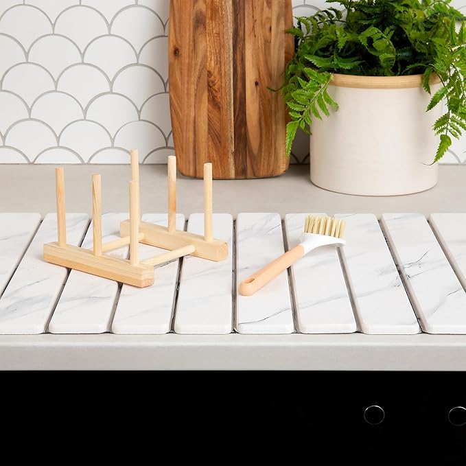 HavenMat – Large Stone Dish Drying Mat (24”x16”) with Bamboo Rack &amp Brush | Quick-Dry Diatomite Counter Mat for Dishes Glassware Plants &amp Pets | Grey Kitchen Drying Stone (Marble)