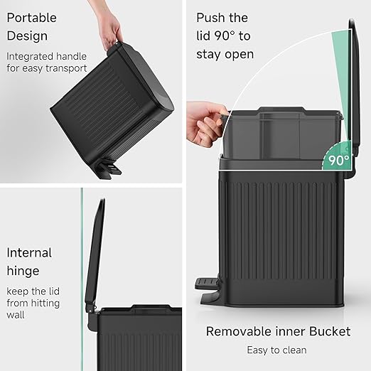 TIPGO Slim Bathroom Trash Can with Lid Soft Close Step Pedal 6 Liter / 1.6 Gallon Stainless Steel Trash Bin Small Garbage Cans for Bedroom Office Kitchen (Black)
