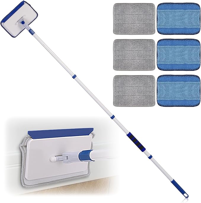 Qaestfy Baseboard Cleaner Tool with Handle Wall Floor Mop with Extendable Long Handle Duster for Cleaning Window Floor Skirting Board Ceiling Shower Tub Tile Kitchen with 6 Reusable Pads