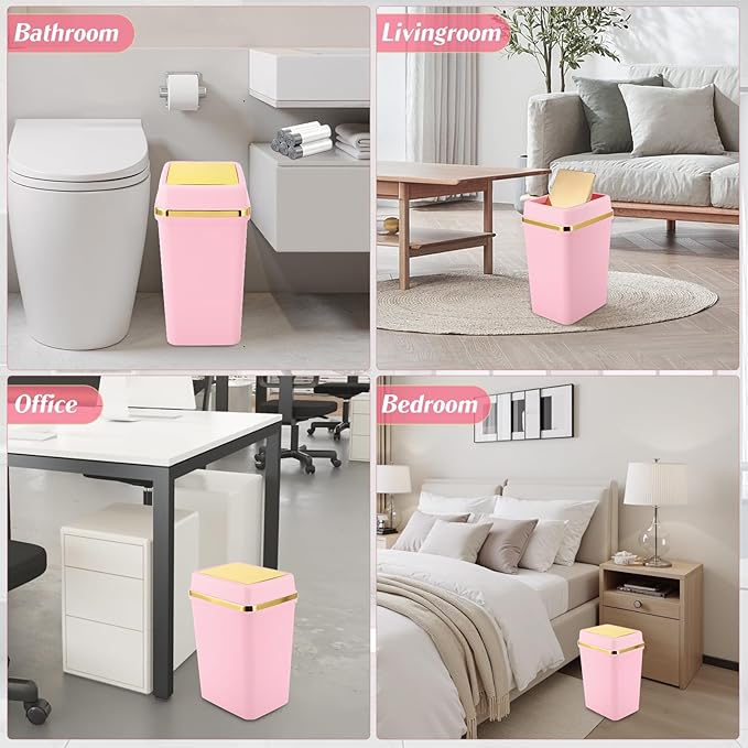 Bathroom Trash Can with Lid 4 Gallon Small Trash Can with Swing Lid White/Pink/Green Bathroom Garbage Can with 225 Counts Trash Bags for Kitchen Bedroom Office