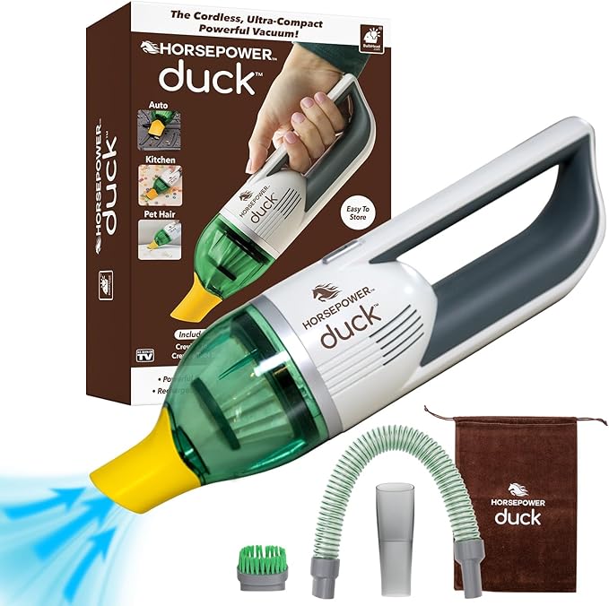 Horsepower Duck Compact Cordless Vacuum Ultra-Powerful Upgraded Battery for Extra-Long Run Time AS SEEN ON TV Strong Suction Easy to Store Portable &amp Rechargeable. Home &amp Auto (Duck Basic