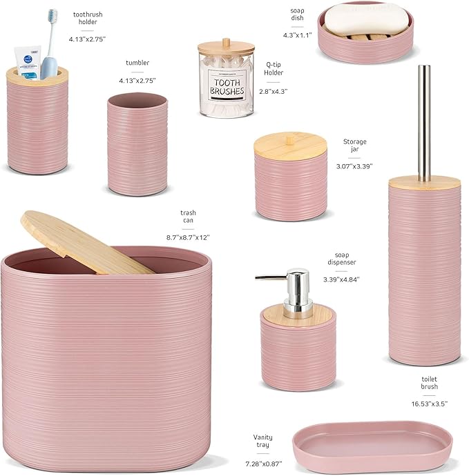 IMAVO Bathroom Accessory Set-11Pcs Pink Bathroom Accessories Set with Trash CanSoap DispenserSoap DishToothbrush HolderToothbrush CupToilet Brush HolderQtip Holder Dispenser with Labels