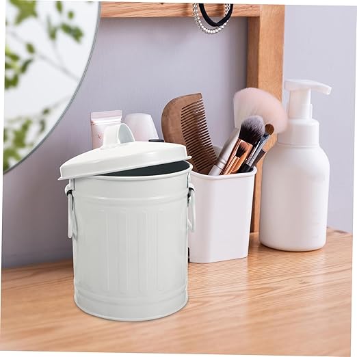 VILLCASE Sturdy Iron Metal Trash Bin Small Desk Waste Container Lid Office Wastebasket for Home