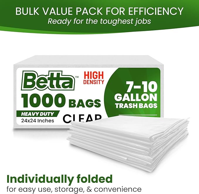 Betta 8-10 Gallon Medium Trash Bags Clear 1000 Count Box (24x24-inch) Commercial Office Wastebasket Garbage Can Liners 7-10 Gallon Round Cans 6-8 Gallon Slim and Square Cans