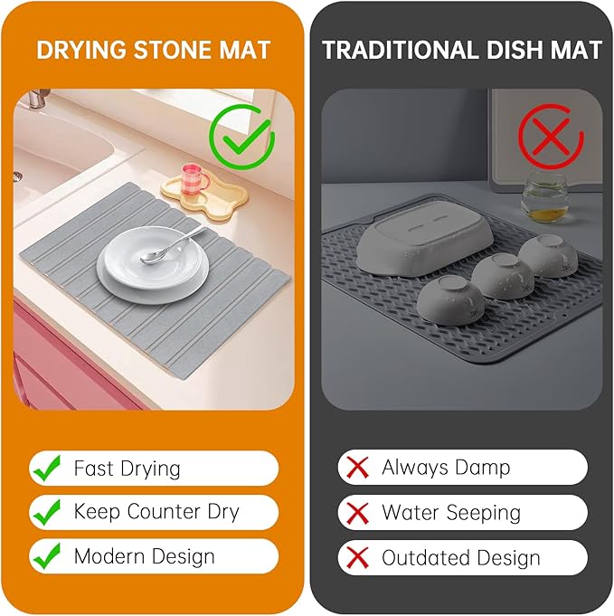 Stone Dish Drying Mat for Kitchen Counter 24x16 Collapsible Large Stone Dish Drying Mat Eco-Friendly Absorbent Diatomaceous Earth Mats for Cups Dishes Bottles(Medium grey)