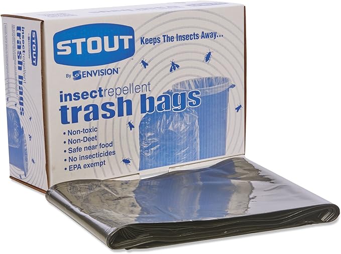 Stout P3752K20 Insect-Repellent Trash Garbage Bags 55gal 2mil 37 x 52 Blk 65/Box