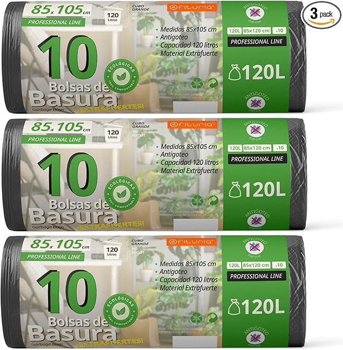 Waste Bags Trash Bags 120L Durable 100% Recycled and Recyclable Material Leakproof Plastic Bags Suitable for All Types of Waste 85 x 105 cm – Ophituria (30 Bags 120L)