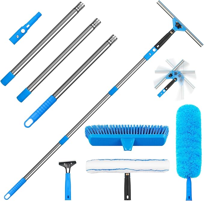 Window Squeegee5 in 1 Bendable Head Window Squeegee for Home61''Extension PolesBendable Head car Window Cleaner ToolSqueegee for Shower Glass（Blue）