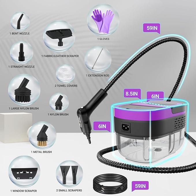 Steam Cleaner 2500W Handheld Steamer with 1.6L Tank 3 Steam Levels Portable Steam Cleaning Machine for Home Car Detailing Furniture Bed Bugs &amp Grout – Purple