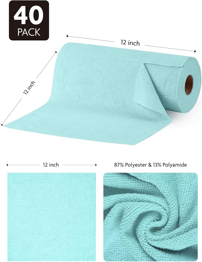 Fantasticlean Microfiber Cleaning Cloth Roll -40 Pack Tear Away Microfiber Towels 12 x 12 Reusable Washable Scratch Free Ultra Absorbent Dishcloth for All-Around Cleaning Supplies (Blue)