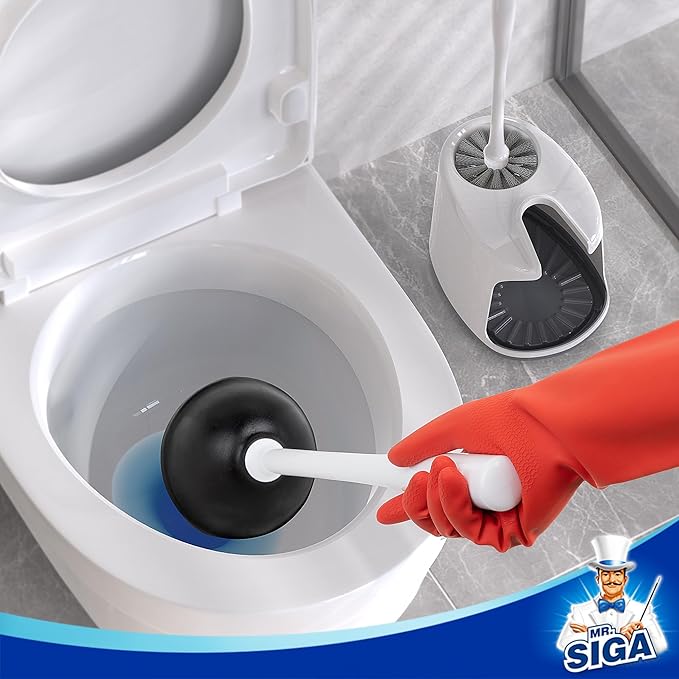 MR.SIGA Toilet Plunger and Bowl Brush with Holder Heavy Duty Toilet Brush and Plunger Set for Bathroom Cleaning White 1 Set