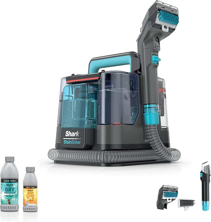 Shark StainStriker Portable Carpet &amp Upholstery Cleaner w/on board self cleaning - Spot Stain &amp Odor Eliminator Includes 2 Cleaning Tools &amp 2 Cleaning Solutions Charcoal PX221BRN