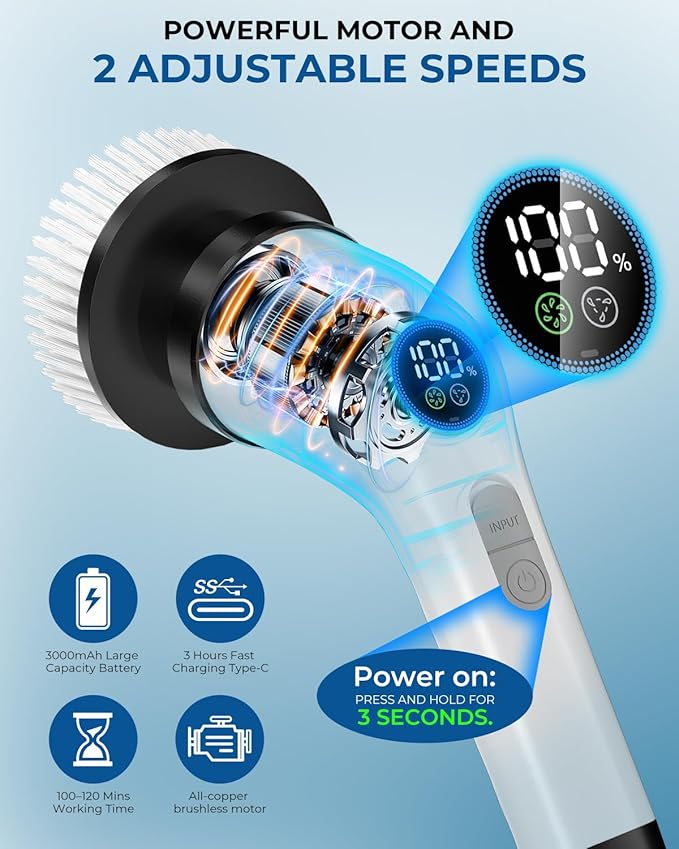 Electric Spin Scrubber Rechargeable with Upgraded Battery &amp Extended Runtime IPX7 Cleaning Brush 3000mAh Battery 7 Brush Heads 2-Speed Adjustable Long Handle for Bathroom &amp Tile Floor Clean