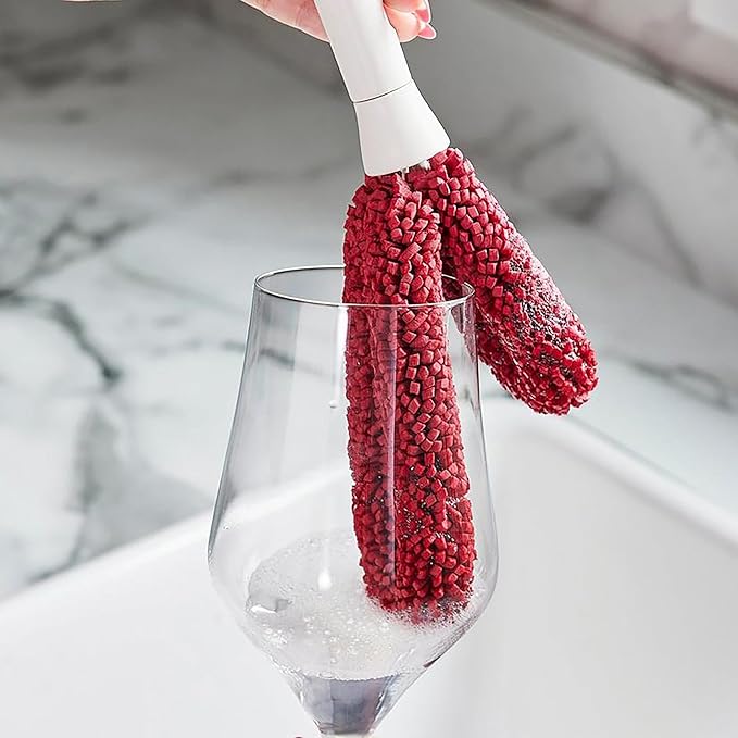 Wine Enthusiast Interchangeable Glassware Cleaning Brush Set – 5-Piece Bamboo Handle with Specialized Brush Heads for Wine Glasses Decanters and Barware Cleaning