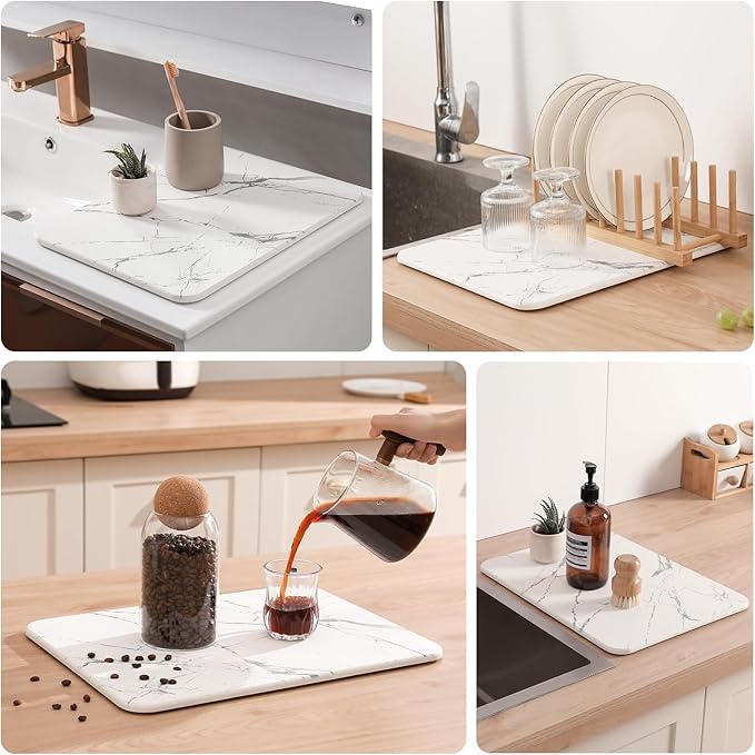 2 Pack Quick Dry Stone Drying Mat for Kitchen Counter Water-Absorbent Diatomaceous Dish Drying Mats Multi-Purpose Stone Drying Tray for Cups Dishes Bottles White-Marble
