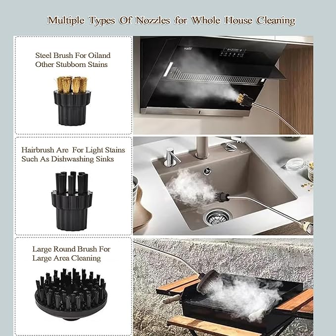 Handheld Steam Cleaner 1500W High Pressure Steamer With 3 Brush Heads 15s Heat-Up 6-Level Temp 1.2 L Water Tank Portable Steam Cleaning Machine for Car Kitchen Bathroom(Style5)