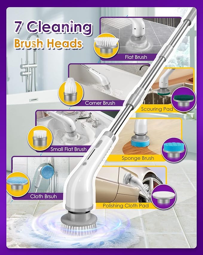 Electric Spin Scrubber Cordless Shower Spin Scrubber with 7 Brush Heads Adjustable Extension Arm 2 Speeds Household Cleaning Brush Bathroom Scrubber Power Spin Scrubber for Car Grout Sink Tub