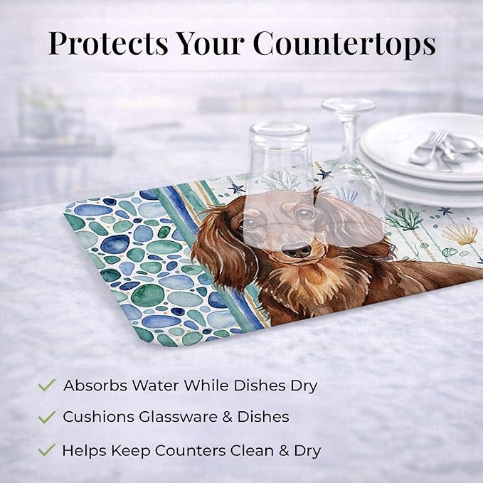 Caroline's Treasures Longhaired Chocolate and Tan Dachshund Coastal Sea Glass Dish Drying Mat Absorbent Dish Drying Mat Pad for Kitchen Counter Dish Drainer Mat for Countertop 14 x 21 Multicolor