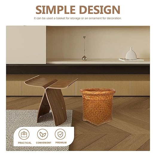 Alipis Seagrass Waste Basket Wicker Trash Can Woven Garbage Bin Laundry Hamper Rattan Plant Pot Rustic Storage Basket Rubbish Recycling Container for Kitchen Home Office