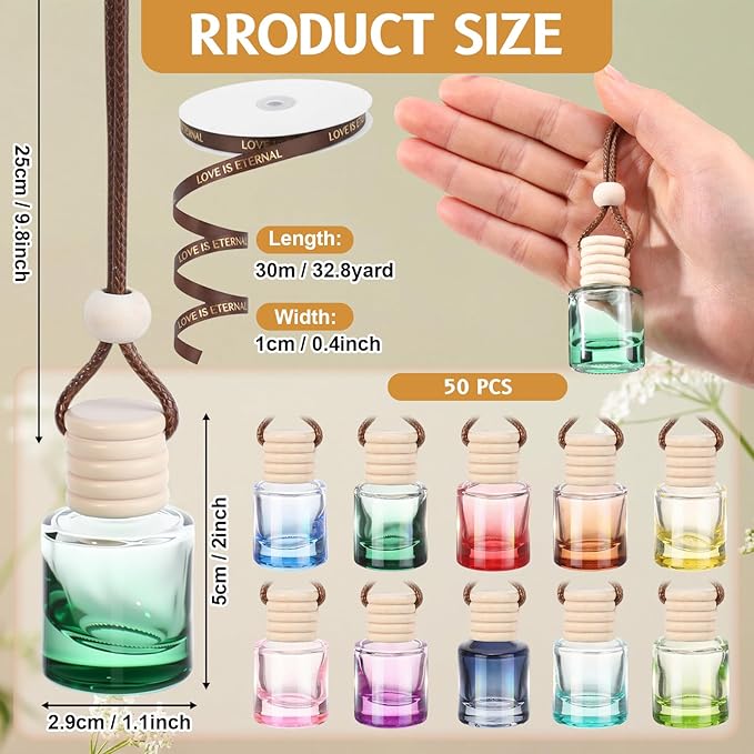 Mudder 50 Pcs Gradient Hanging Car Air Freshener Empty Clear Glass Diffuser Bottles for Essential Oils Perfume Pendant for Women Guests Wedding Favors Employee Appreciation Gifts(CylinderColorful)