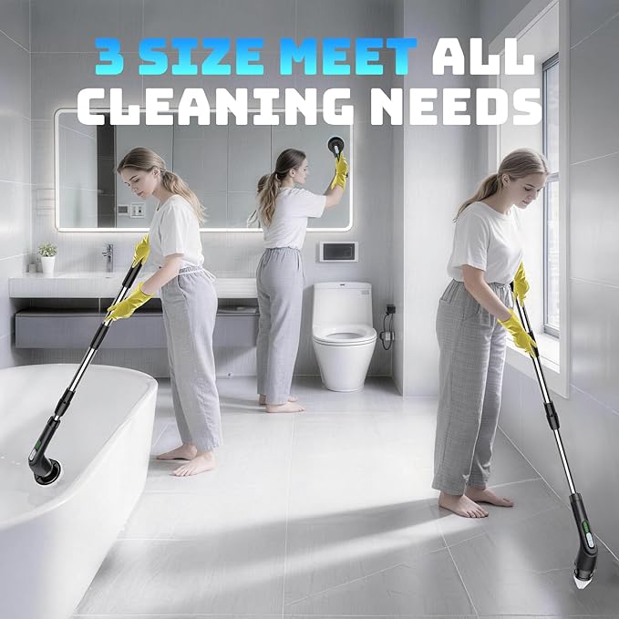 Electric Spin Scrubber Powerful 2-Speed Cleaning Brush IPX7 Waterproof with 7 Reusable Brush Heads &amp Extendable Handle for Bathroom Toilet Shower Kitchen Wall Tile Floor Grout (Black)