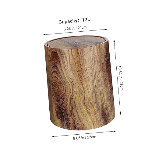 Zerodeko Imitation Wood Grain Trash Can with Swing Lid Multipurpose Round Wastebasket for Bathroom Kitchen Home Office Bedroom Large Capacity Easy to Clean Household Garbage Bin