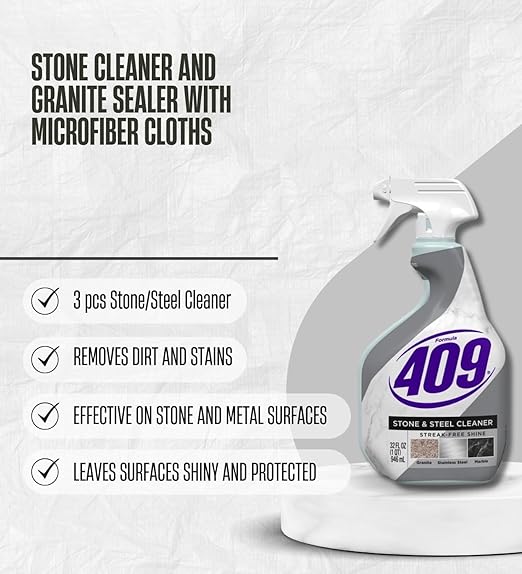 3x Formula 409 Multi-Surface Cleaner 32 oz Spray + Granite Sealer Bundle with Microfiber Towel – Cleans Seals &amp Protects Stone and Steel Surfaces – Gift Set (5 Items)