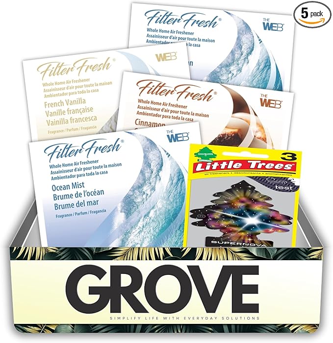 2x Web FilterFresh Ocean Mist French Vanilla and Cinnamon Air Fresheners 0.8 oz Gel Bundle with Car Air Freshener – HVAC Filter Scent Pads for Home and Vehicle Use – Gift Set (5 Items)